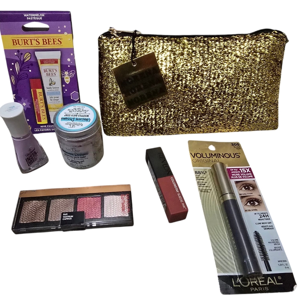 NEW Unopened 6 Piece Lip Eye Nail Body Beauty Cosmetics Makeup & Gold Makeup Bag